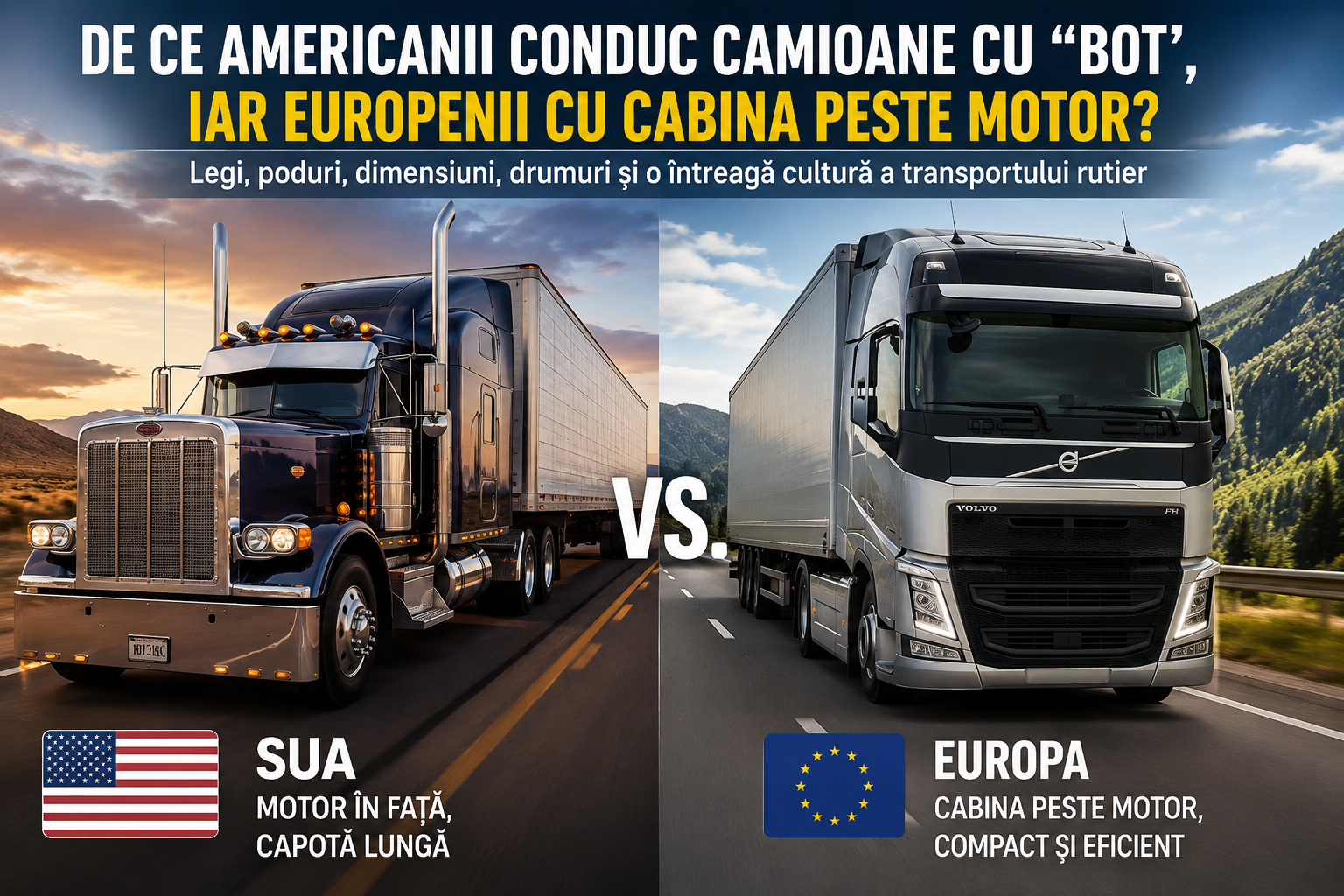 🇺🇸🇪🇺 De ce americanii conduc camioane cu „bot”, iar europenii cu cabina peste motor? Povestea unei diferențe spectaculoase dintre două continente