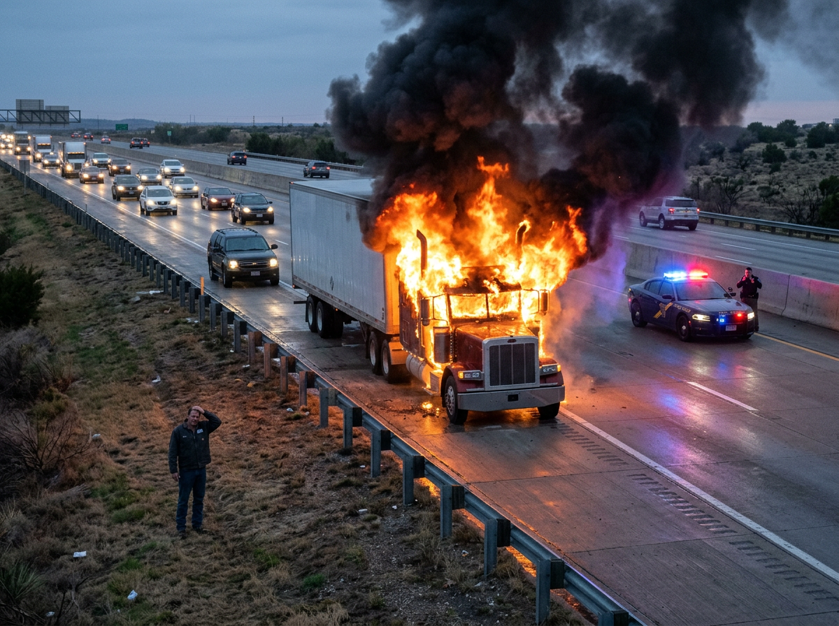 🇩🇪 Șoferul român a coborât la timp, dar camionul său a fost mistuit de flăcări pe o autostradă din Germania