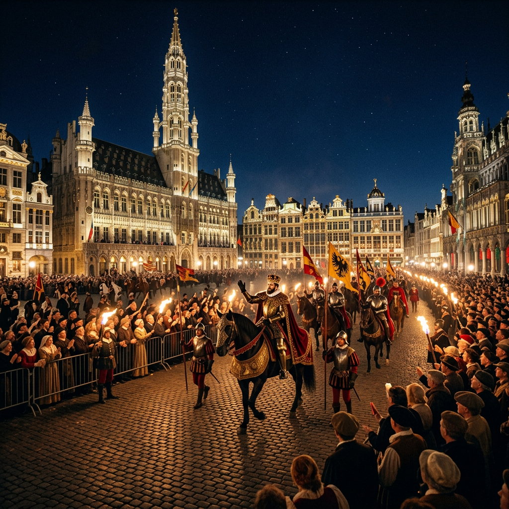 🇧🇪 Ommegang-ul din Bruxelles: Cea mai spectaculoasă călătorie în timp a Belgiei. Peste 1.400 de figuranți în costume medievale aduc la viață intrarea împăratului Carol Quintul în 1549