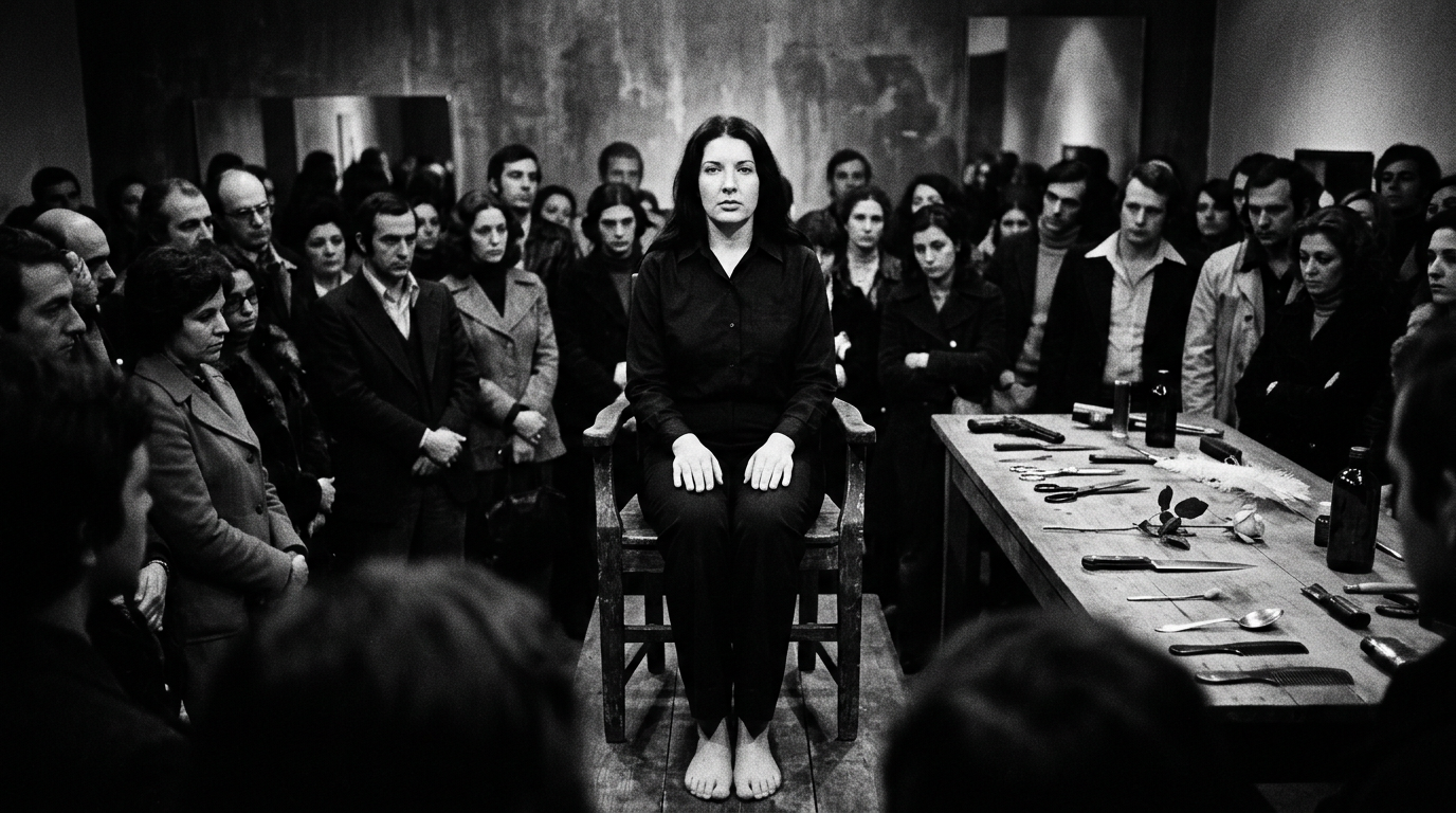 🎭 “Eu sou o objeto. Assumo total responsabilidade.” – Em 1974, a artista Marina Abramović passou seis horas em uma galeria em Nápoles, deixando o público para fazer qualquer coisa com ela. O resultado foi um experimento chocante sobre a natureza humana. Alguns enxugaram suas lágrimas, outros a cortaram com uma faca e tentaram estuprá-la. E quando o show acabou, todos fugiram.