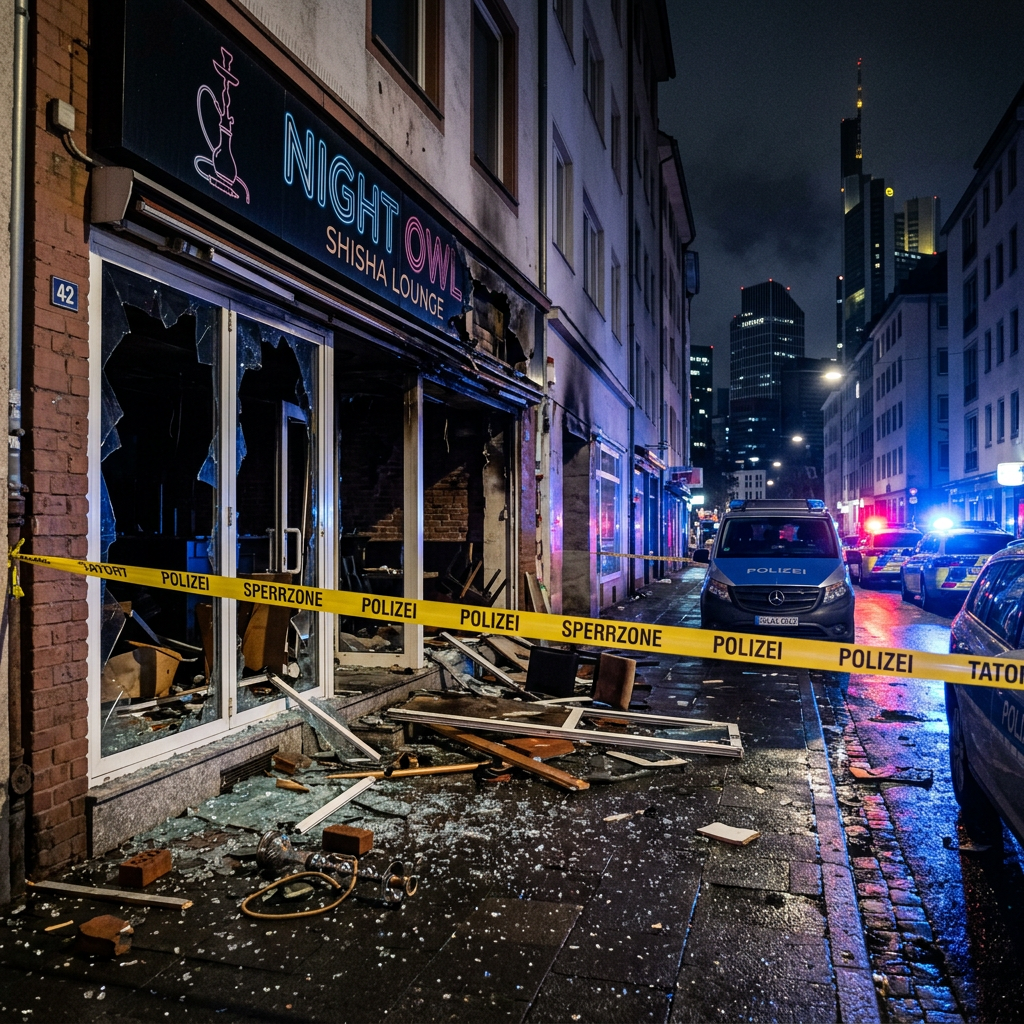 Shattered Night Owl Shisha-Lounge storefront behind POLIZEI SPERRZONE tape, police vehicles, and skyscrapers