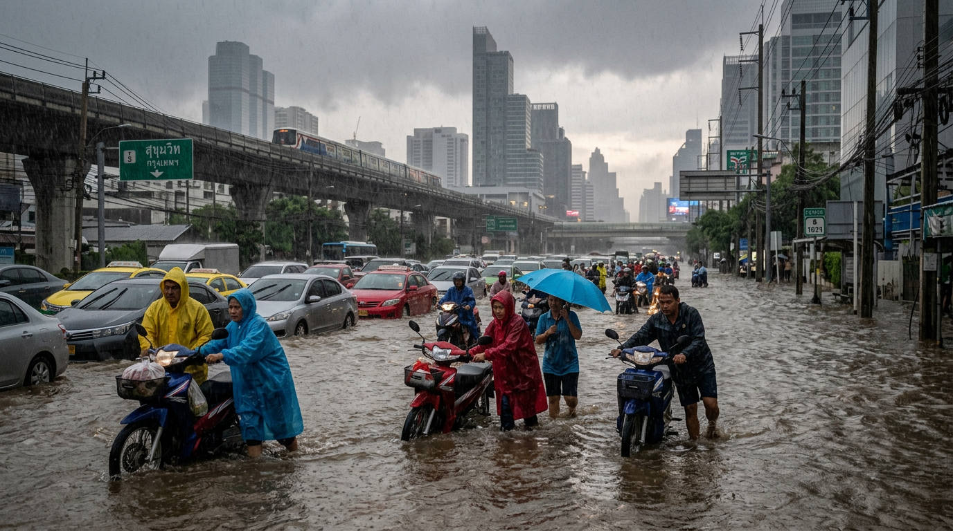 Motorists pushing scooters through floodwater on a rain-soaked Bangkok street