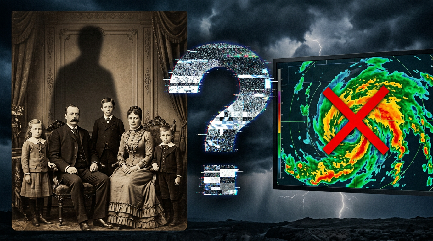 Victorian family portrait beside glitching question mark and canceled storm radar