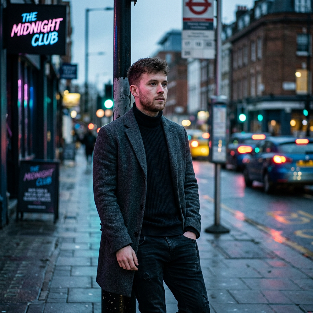 Man in a gray coat standing on a rainy city street