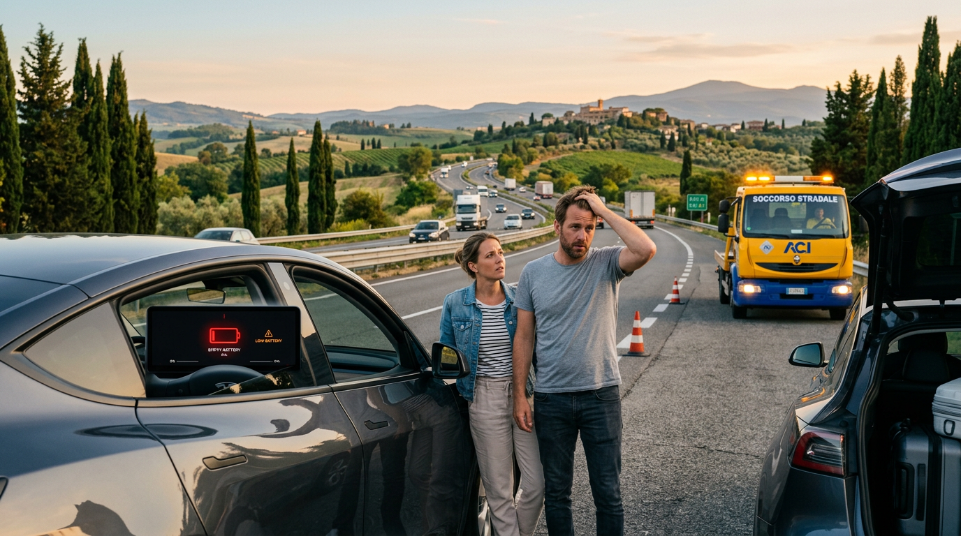 Couple beside a car showing a low battery warning as roadside assistance arrives