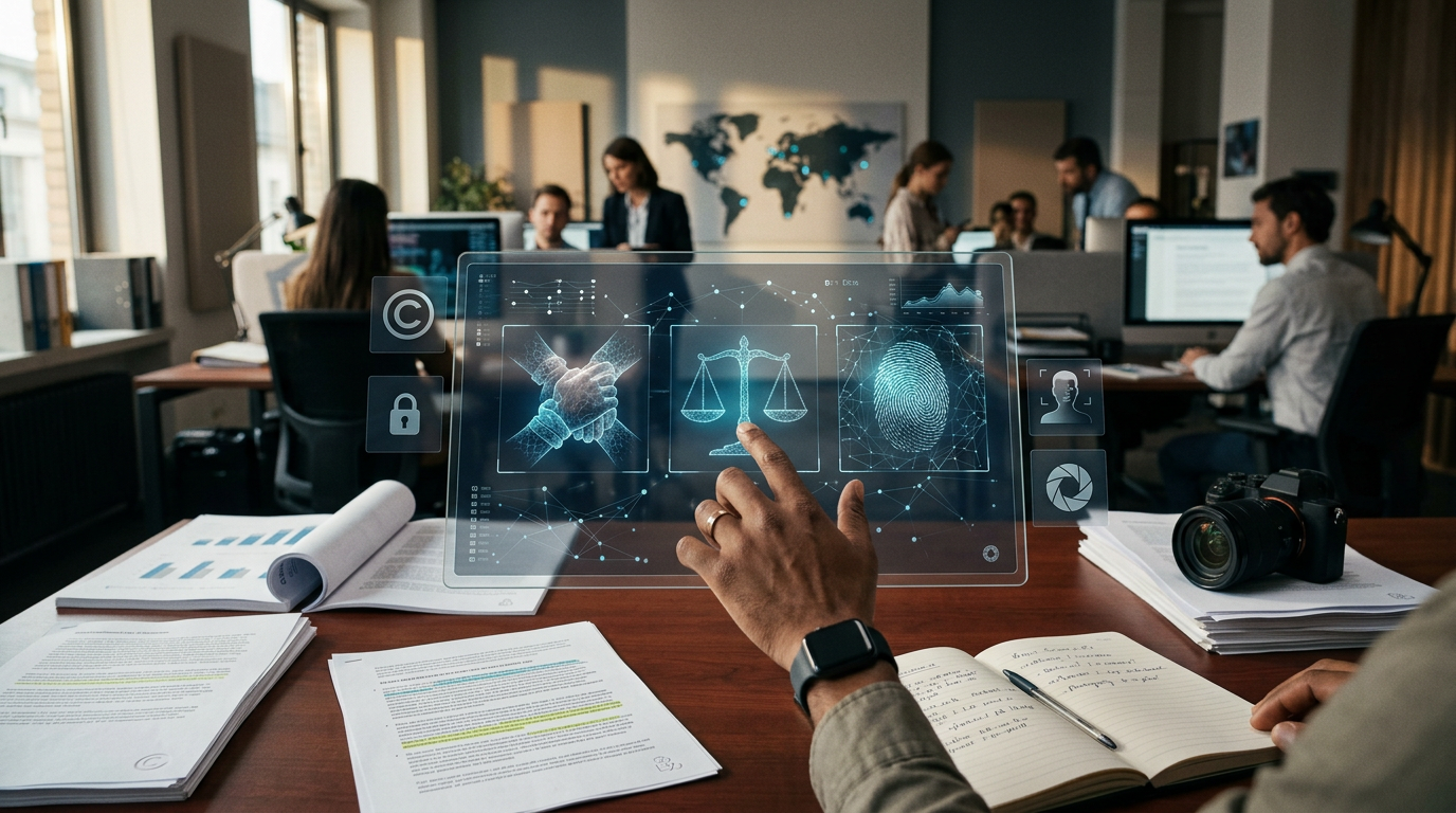 Person interacting with holographic legal technology interface in an office