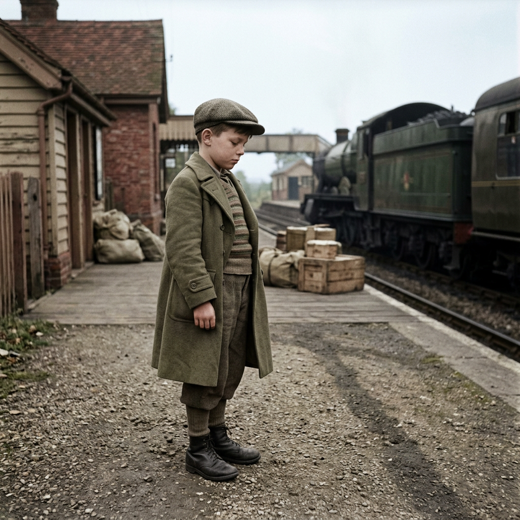 Young boy in vintage clothing standing beside a steam train at a railway station