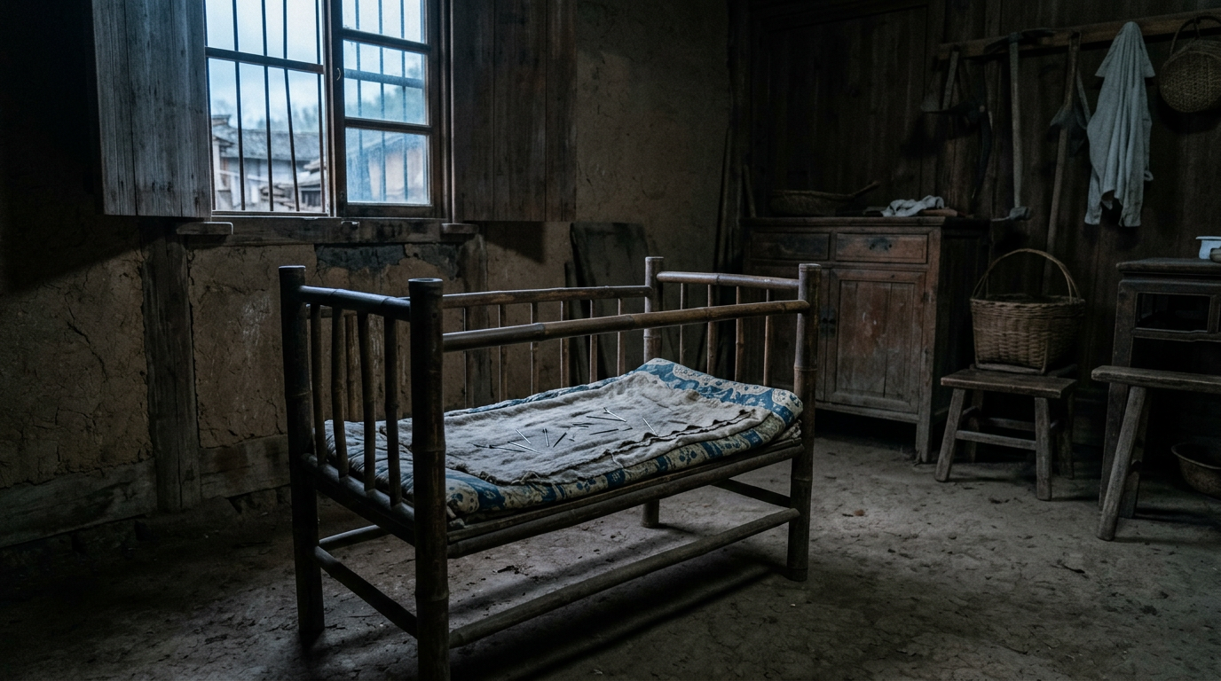 Weathered wooden crib with blanket in a dim rustic room
