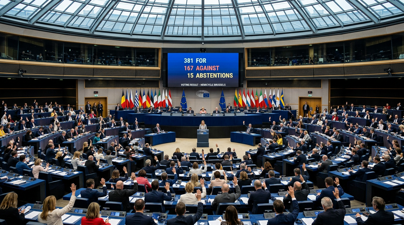 European Parliament vote showing 381 for, 167 against, and 15 abstentions