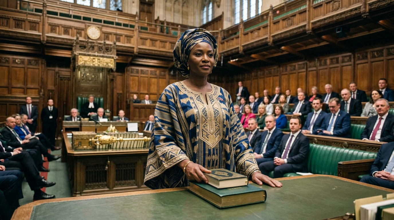 Man standing with ceremonial books in a crowded parliamentary chamber