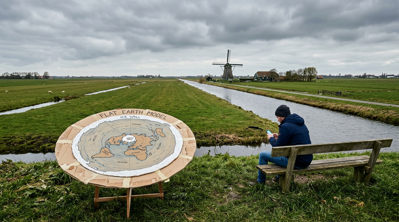 Flat Earth Model labeled ICE WALL beside a Dutch canal and windmill