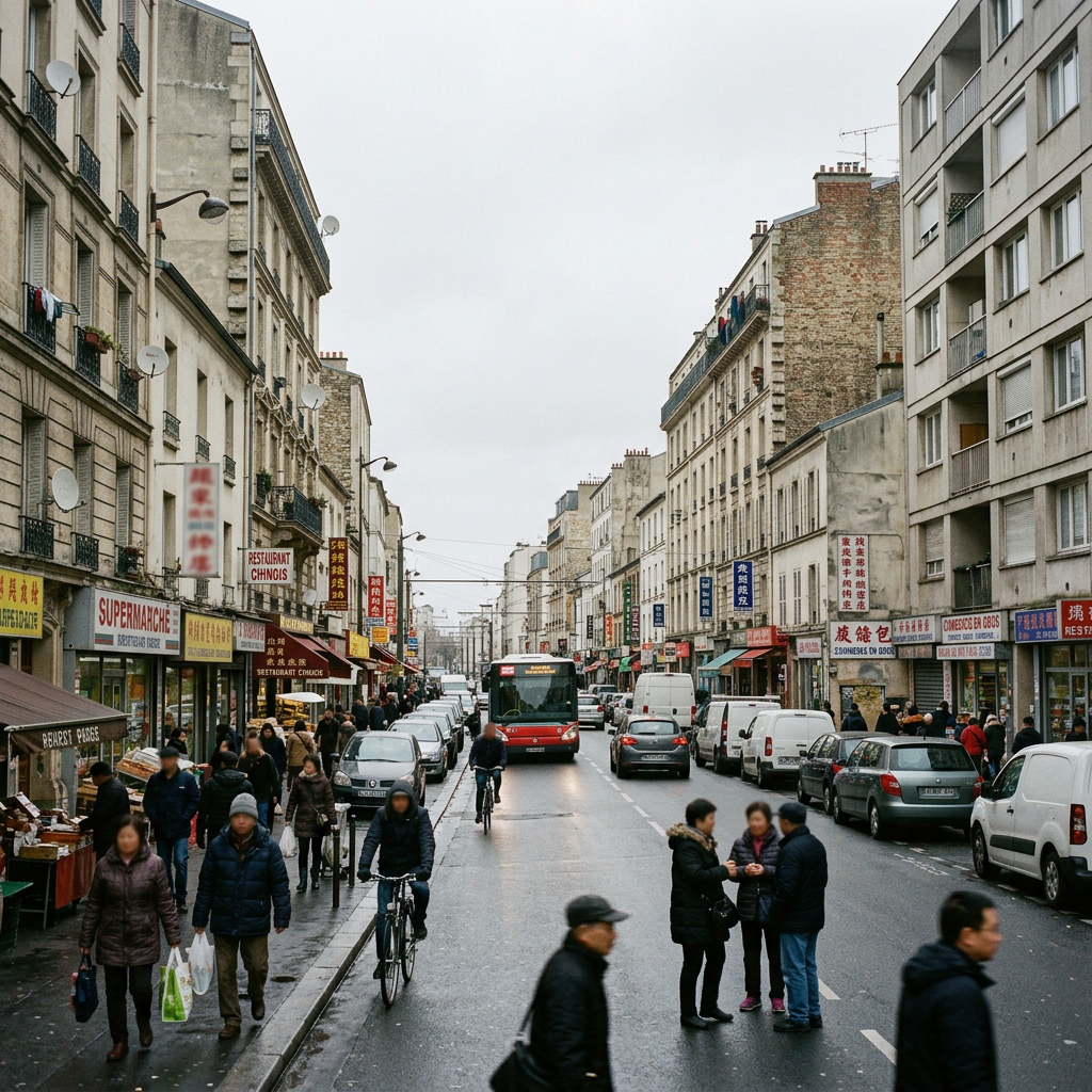 Busy commercial street with pedestrians, cyclists, buses, and multilingual storefront signs