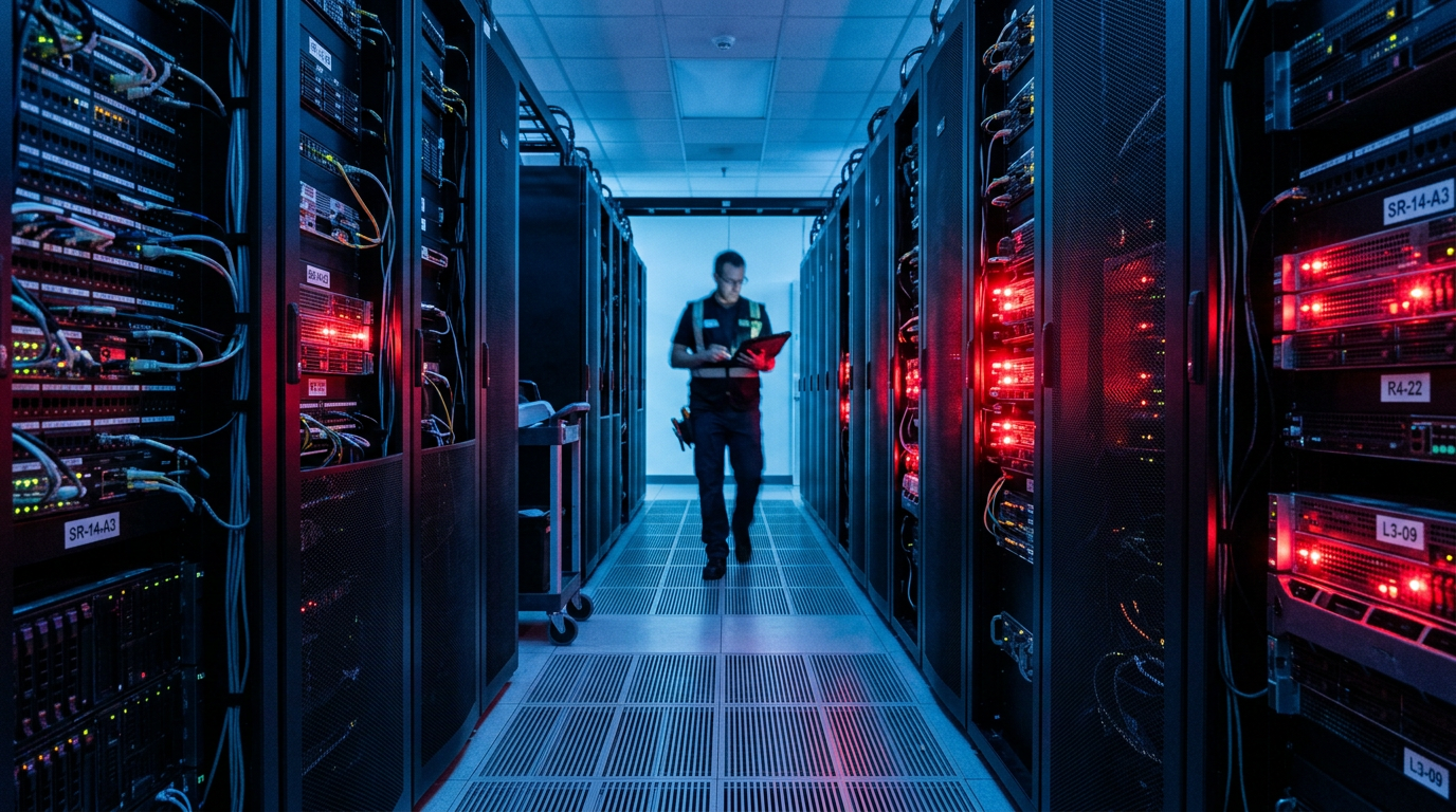 Data center aisle with flashing warning lights