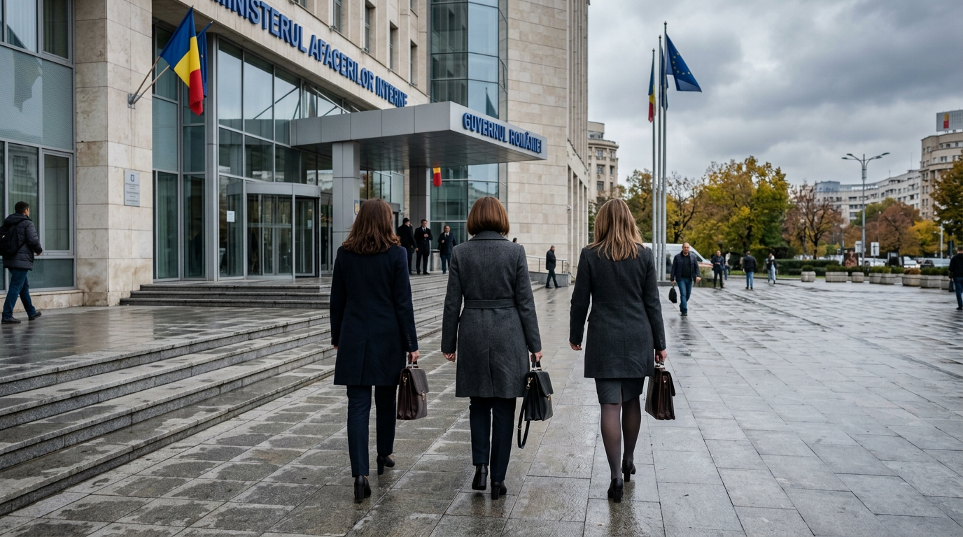 Three women walking toward Romanian government building