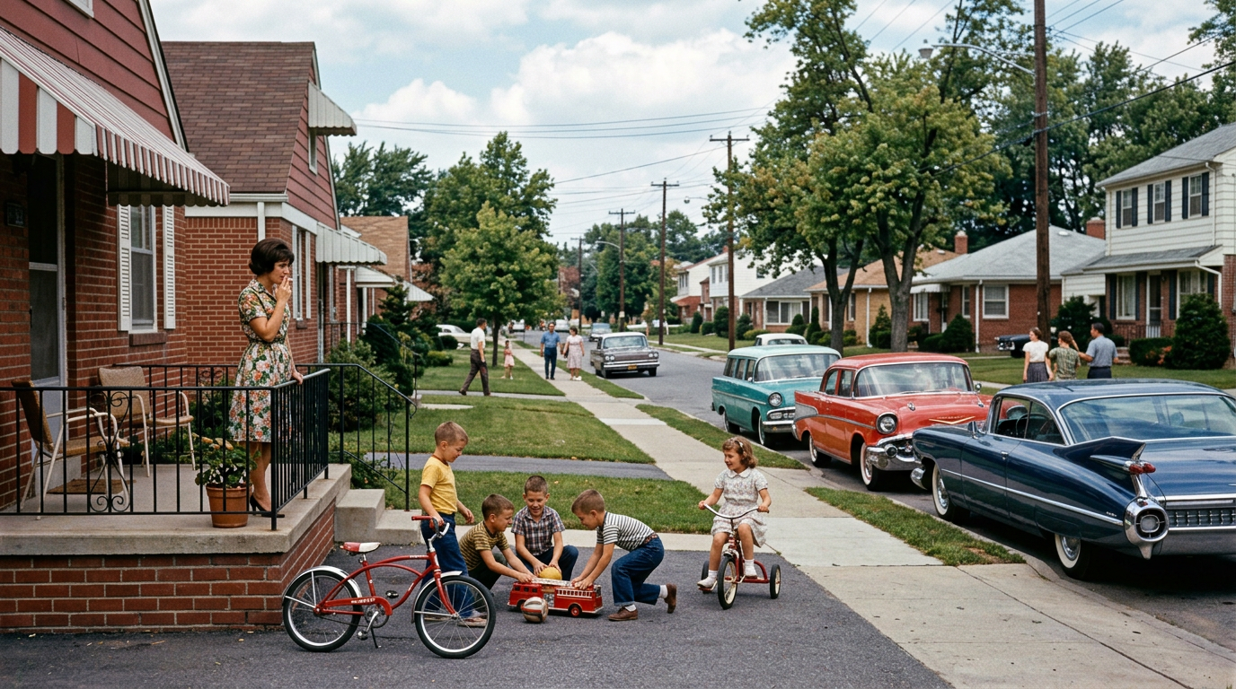 Children playing with toy vehicles on a suburban sidewalk as neighbors walk among classic cars