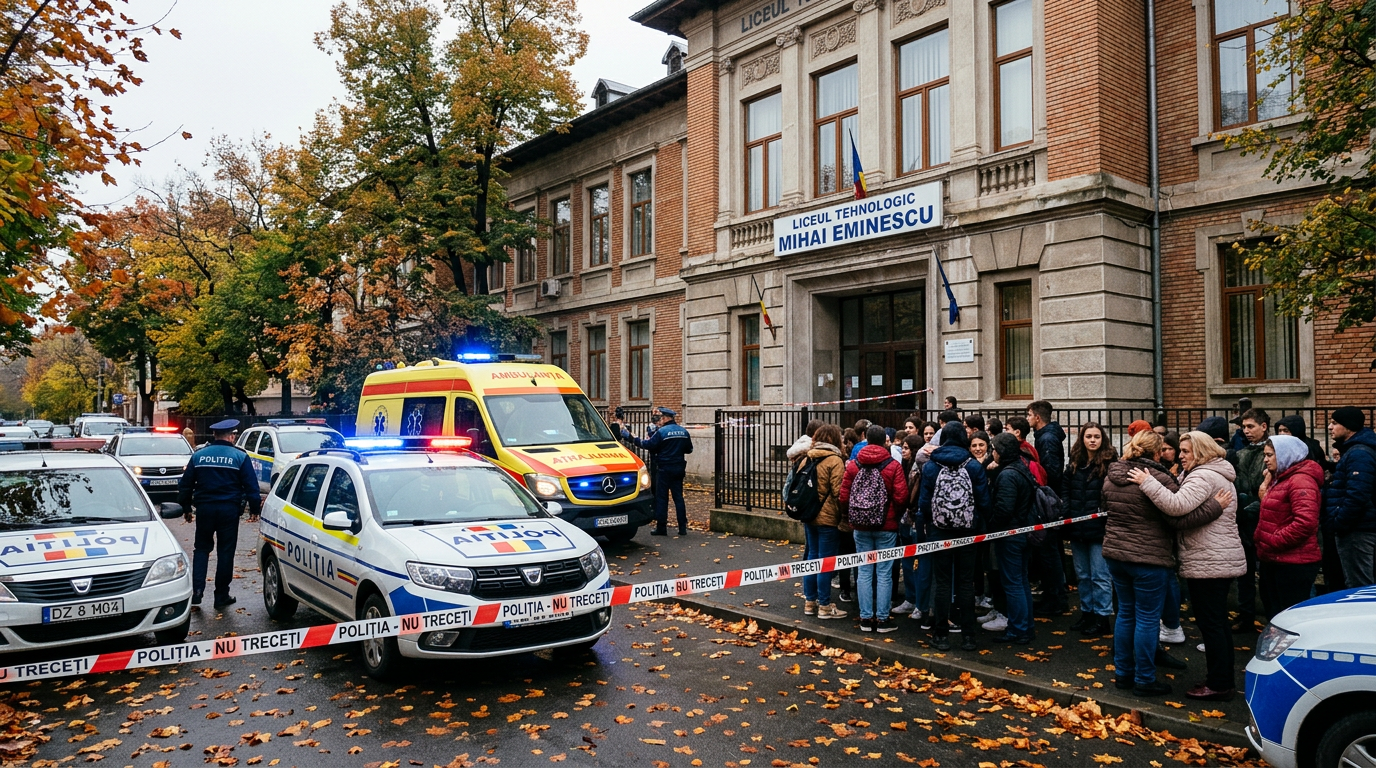 Police, ambulance, and students outside Liceul Tehnologic Mihai Eminescu behind police tape