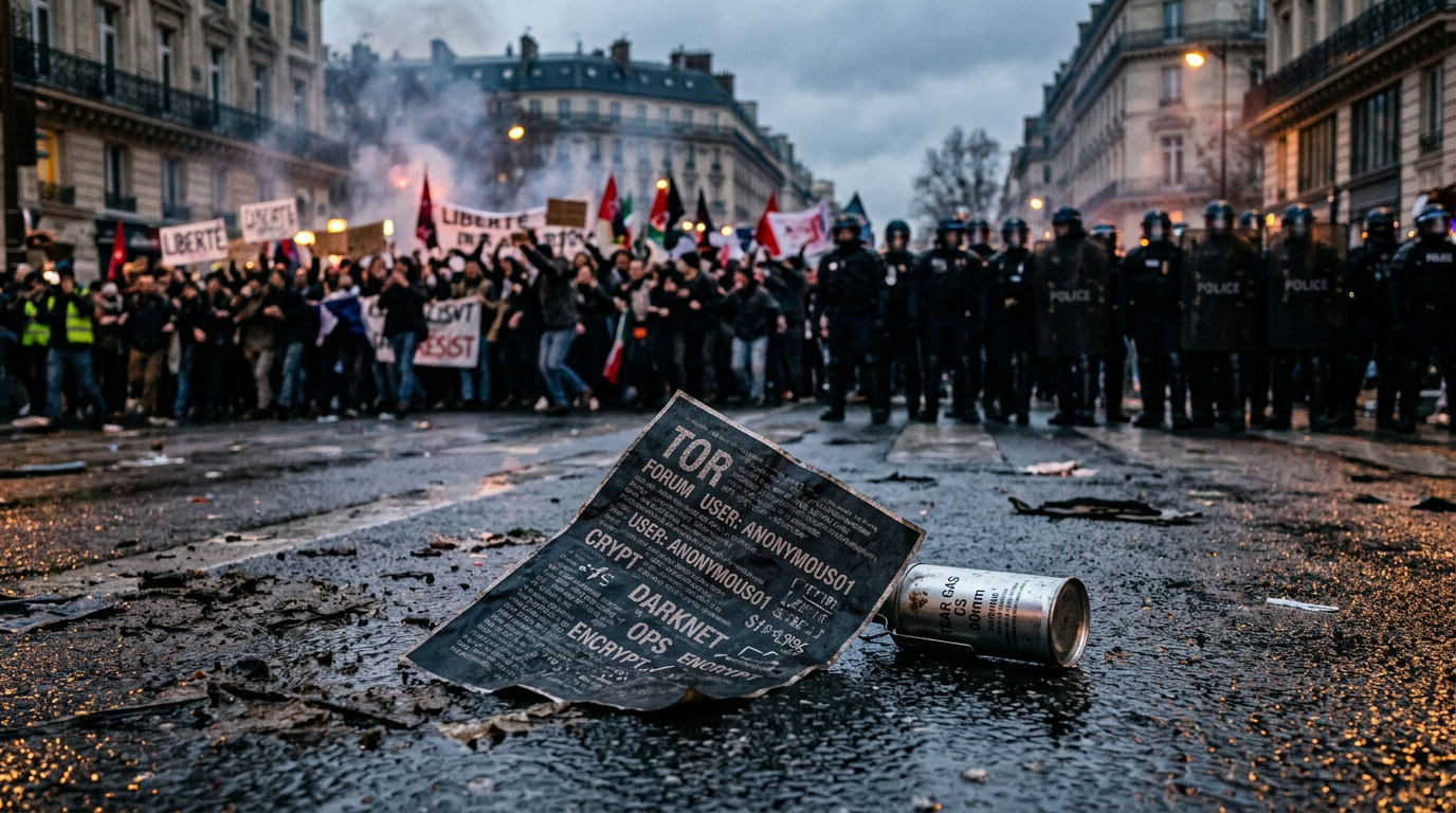 Protesters holding signs and flags face a police line; foreground flyer reads “TOR,” “DARKNET,” and “ENCRYPT.”