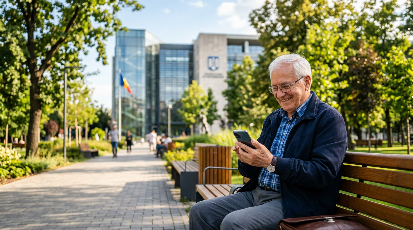 Older man using a smartphone on a park bench