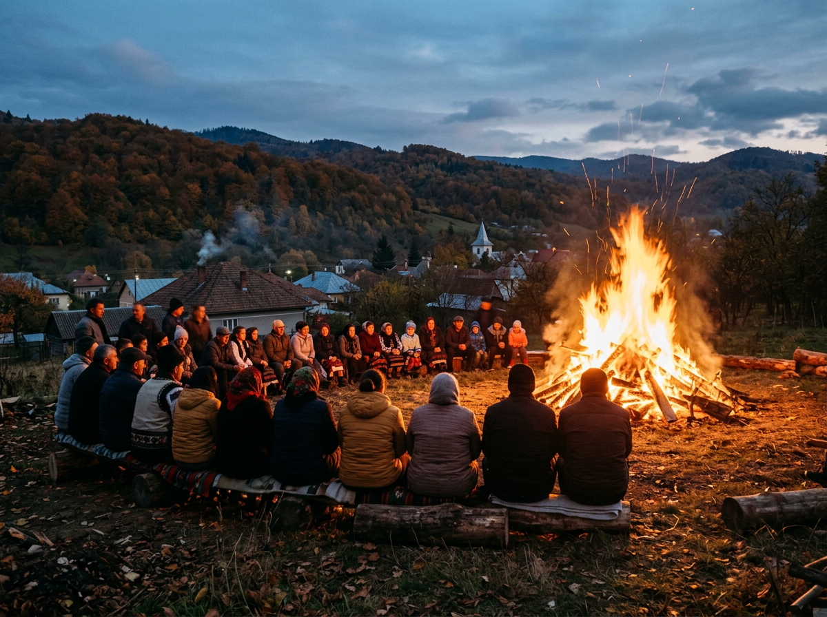 Community members seated around a large bonfire in a mountain village