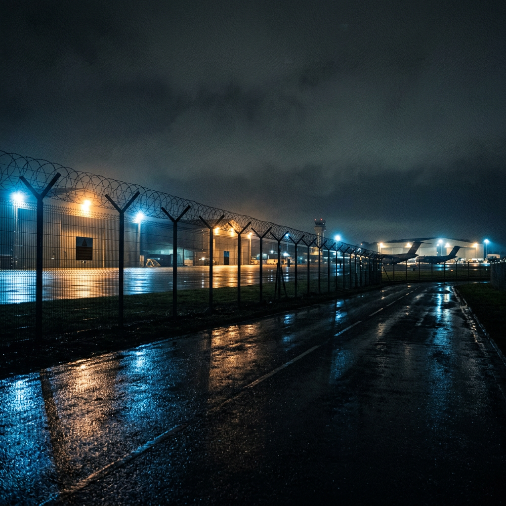 Rainy airport perimeter with security fencing, aircraft, and runway lights