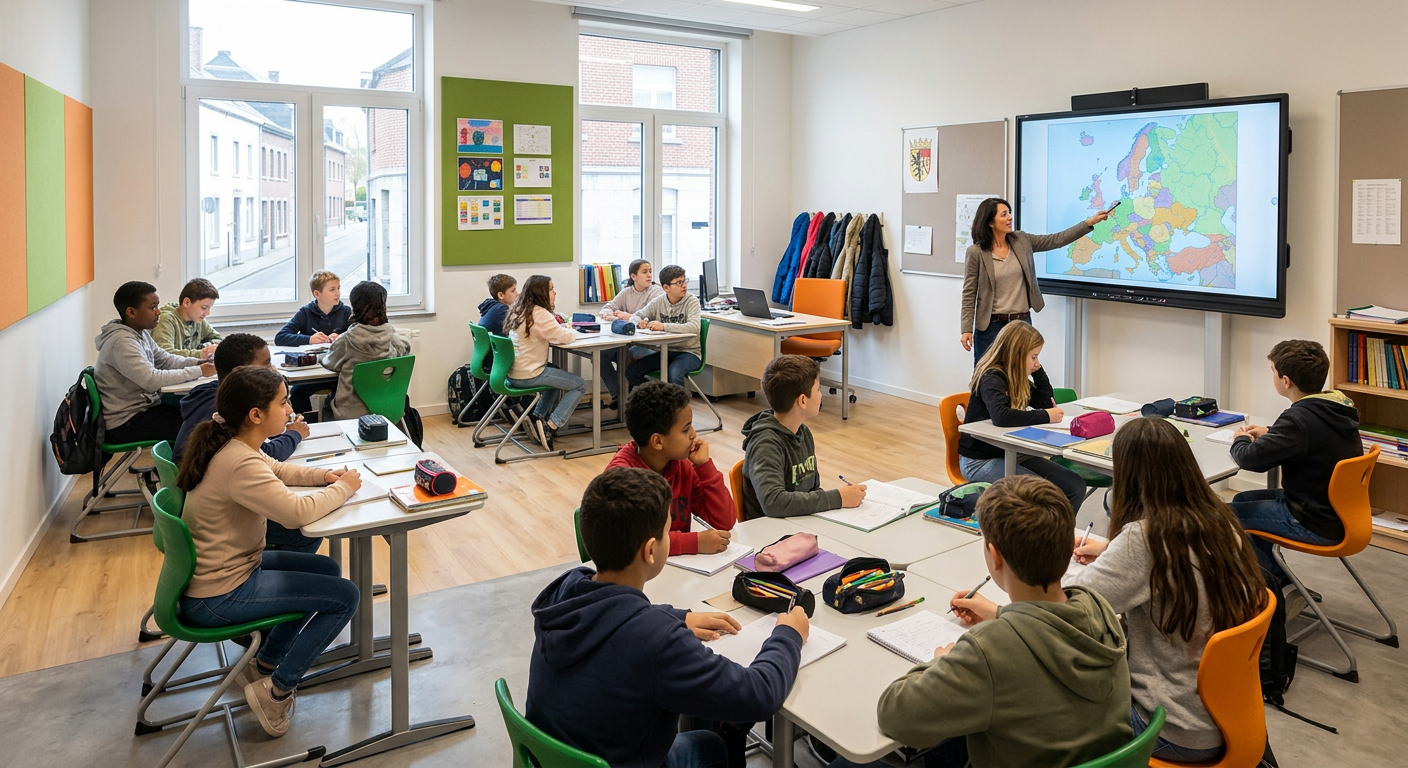 Teacher points to a map of Europe as students work at classroom tables